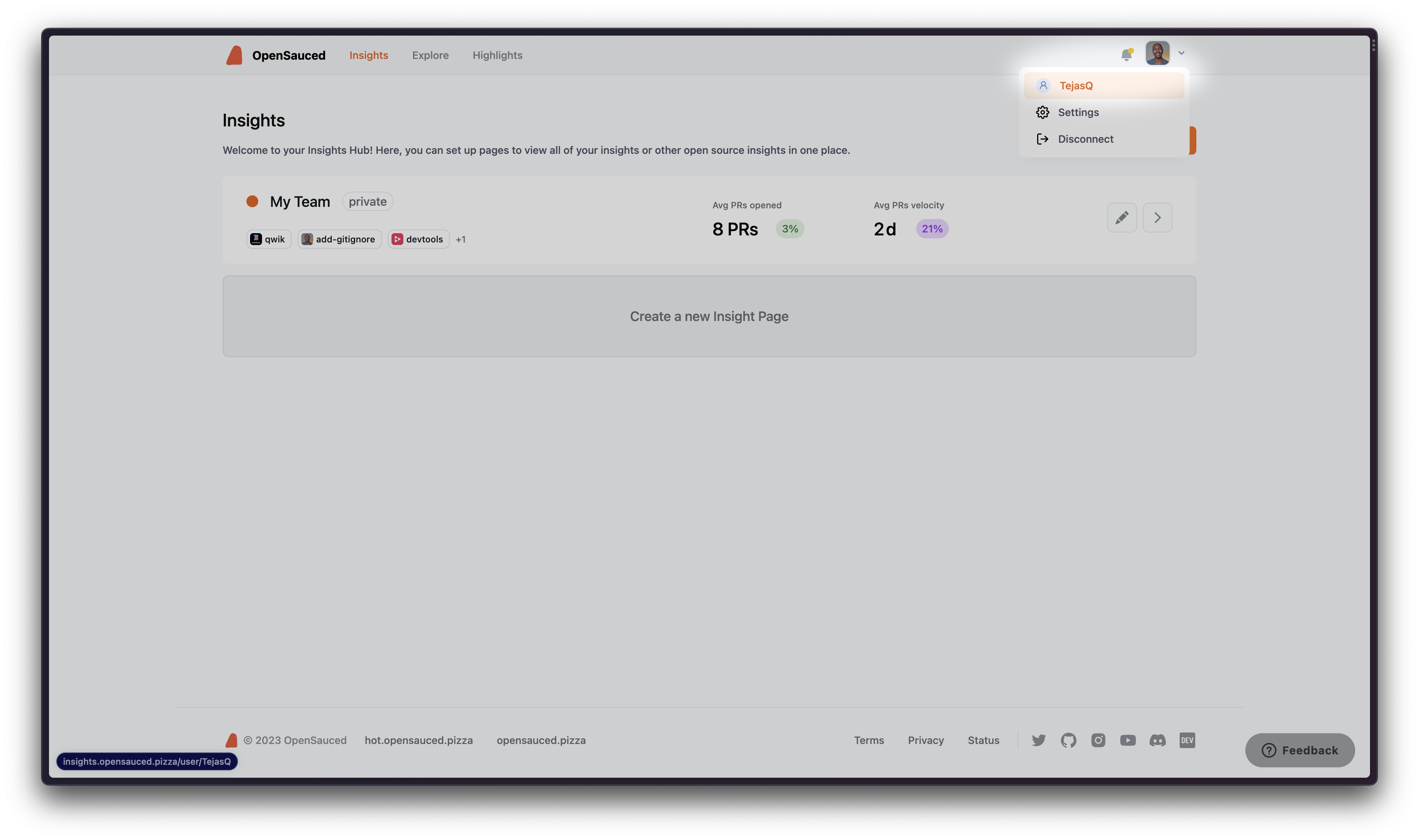 Navigating to public profile page at OpenSauced